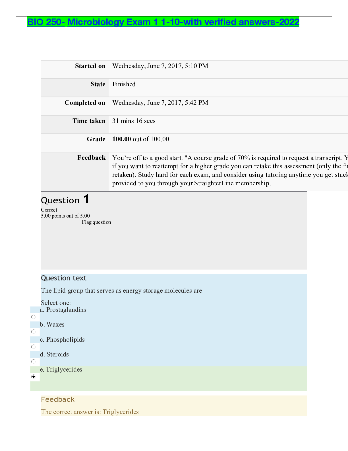 Recommended document preview for BIO 250- Microbiology Exam 1 1-10-with verified answers-2022
